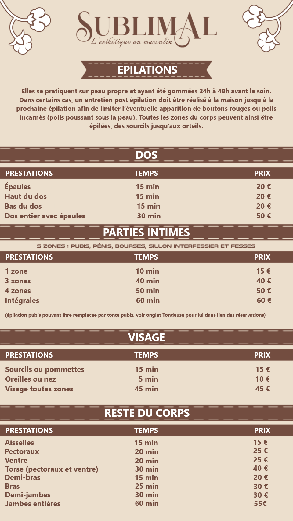 Liste des épilations pour hommes, dont parties intimes
